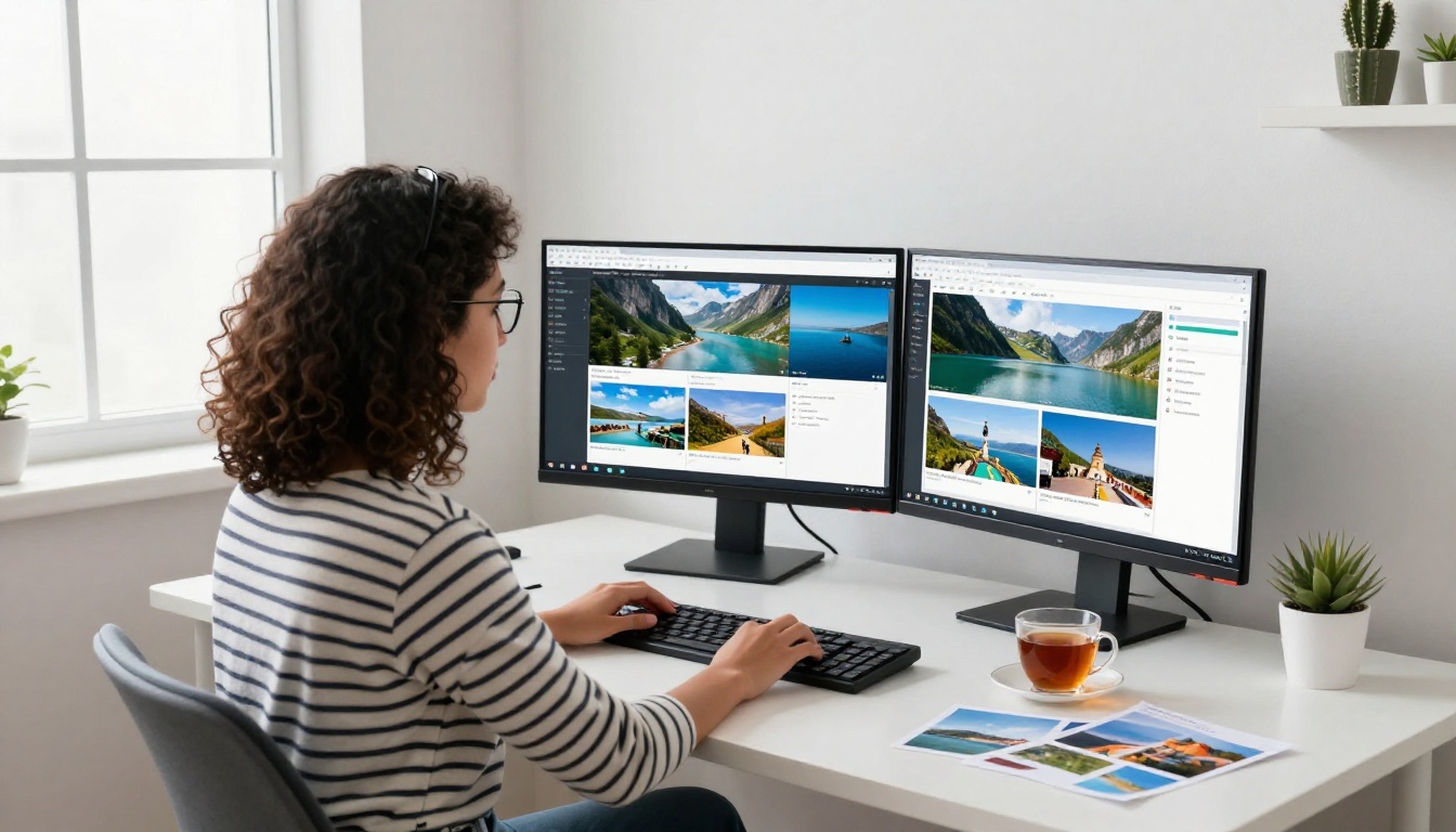 Woman using dual monitors for AI video generation workflow