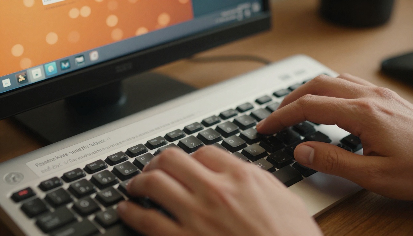 Hands writing a detailed AI prompt on a mechanical keyboard