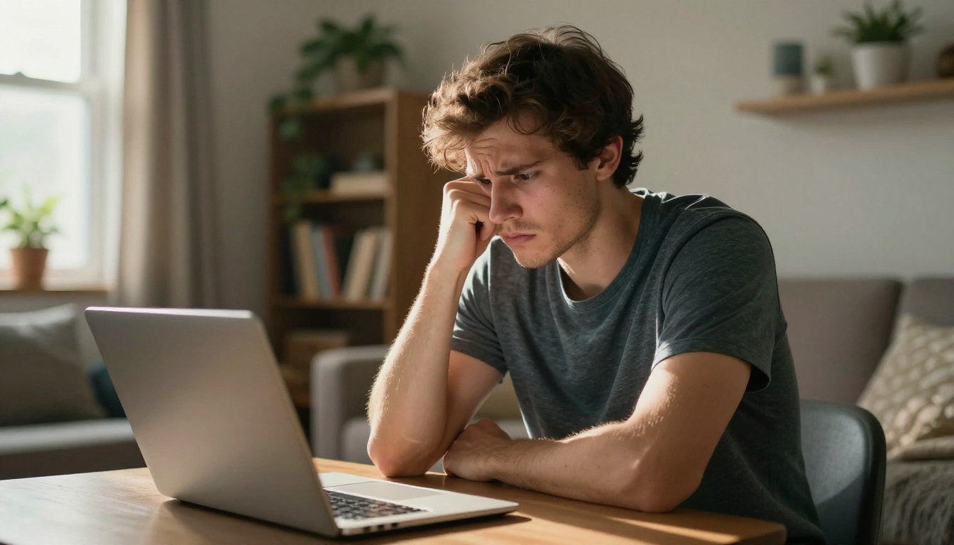 A frustrated young man examining a blurry AI image on his laptop