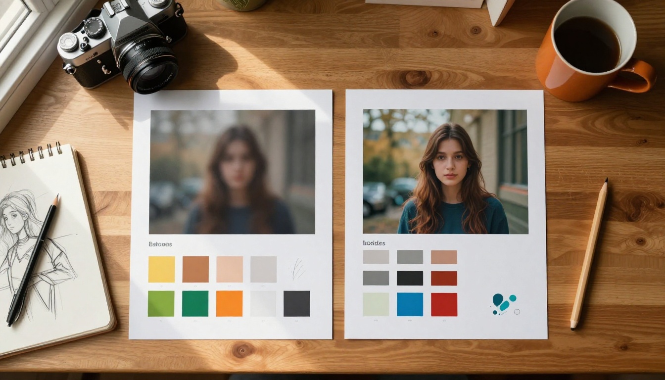 Overhead flat-lay of printed AI art comparison sheets on a wooden desk