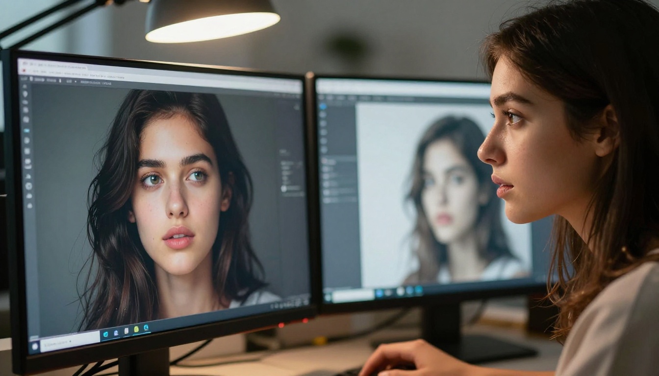 A focused woman reviewing AI-generated images on a dual monitor setup