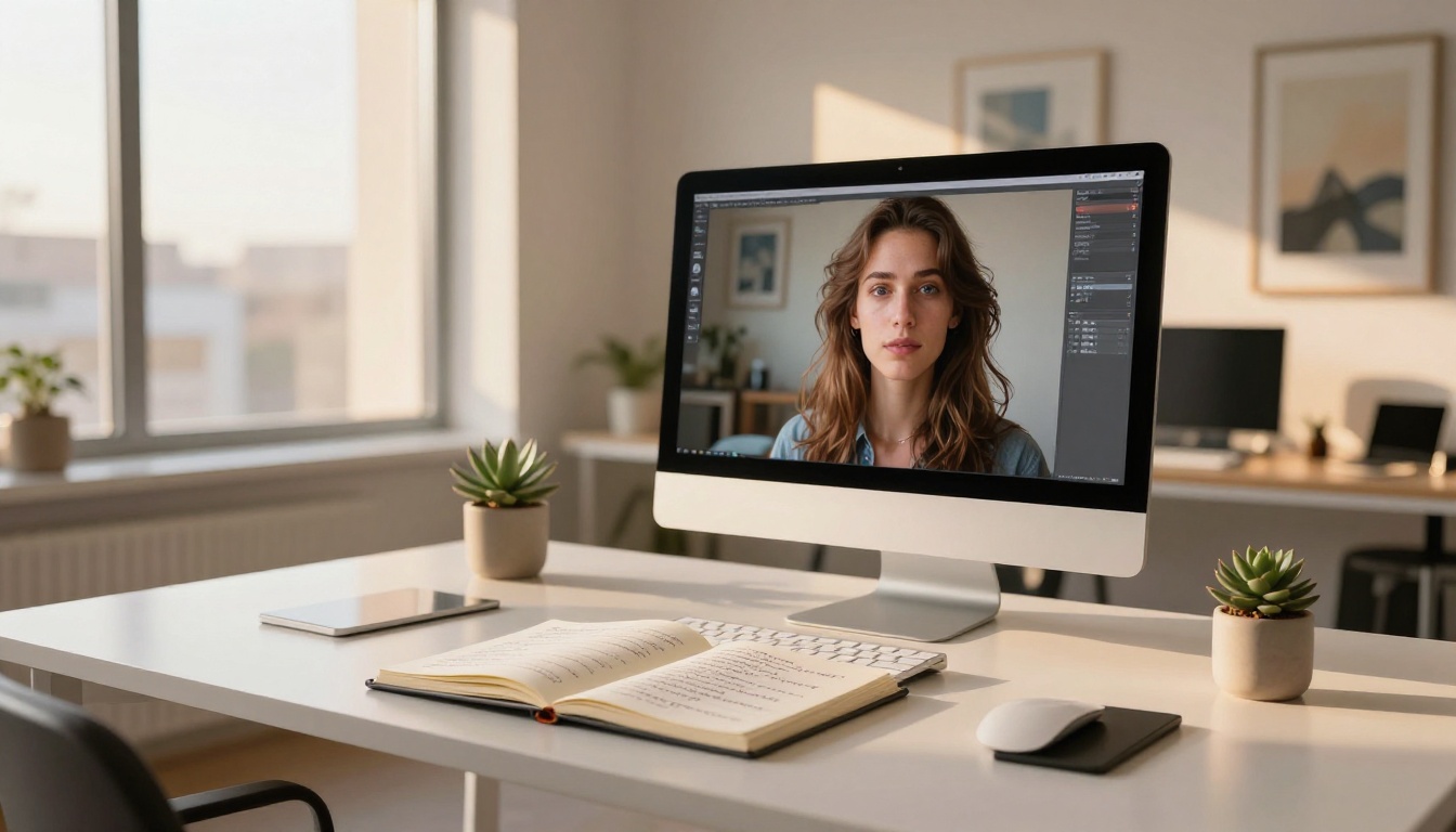 A bright creative workspace with a large monitor showing a high-resolution AI-generated portrait