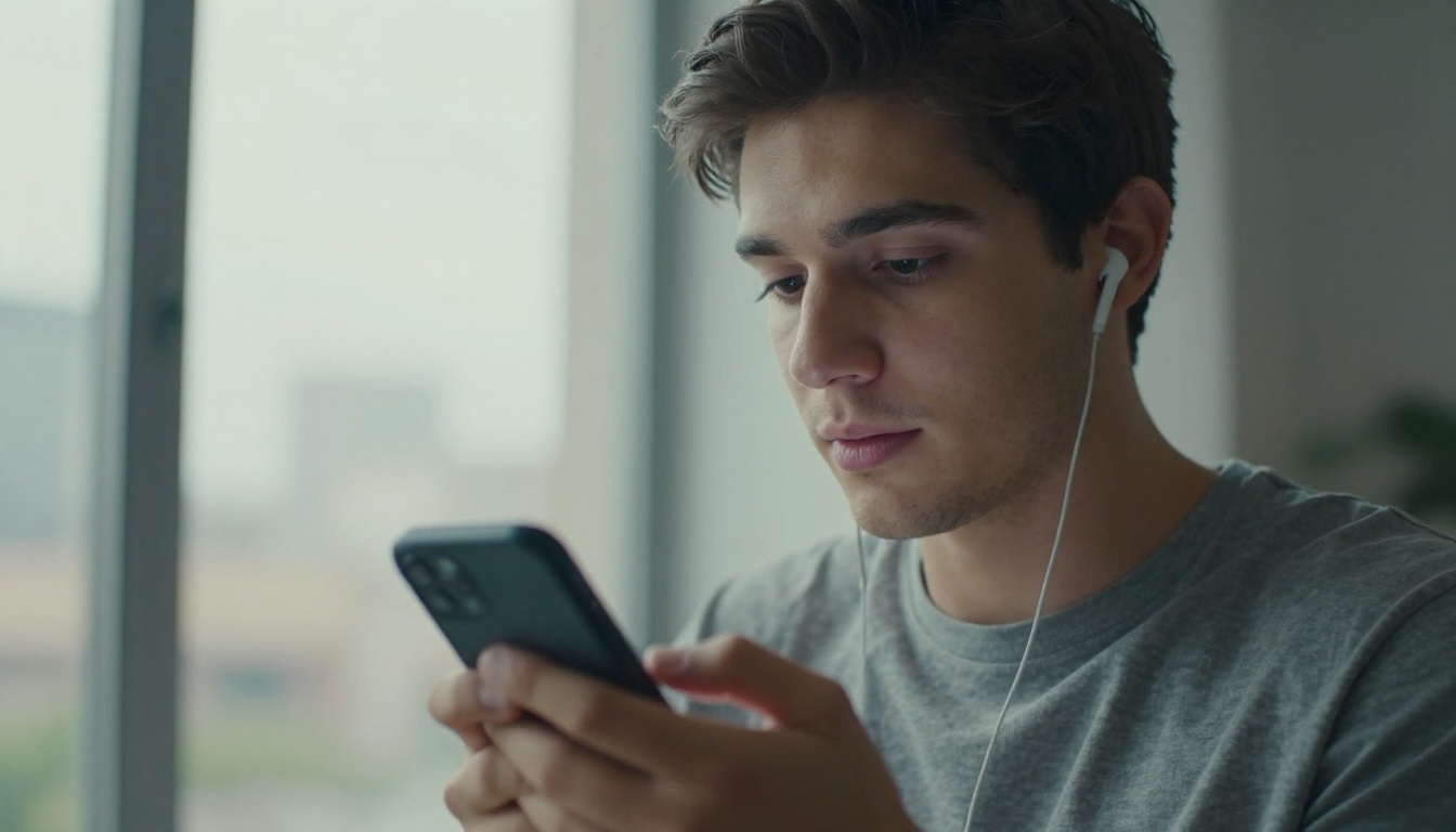 A young man humming into his smartphone by a bright apartment window