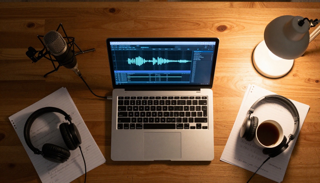 Studio desk aerial view with laptop, microphone, headphones and handwritten lyrics