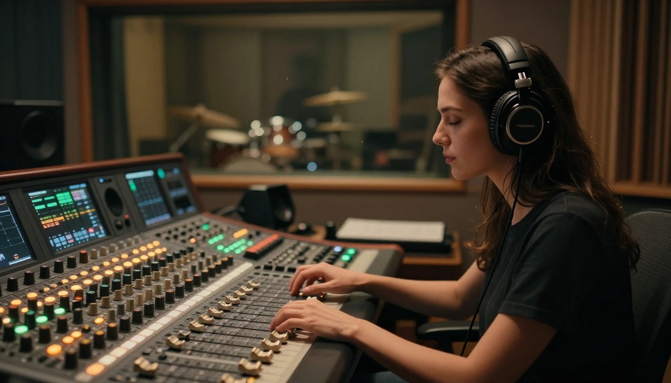 Woman in profile at a mixing console with studio monitors visible behind glass