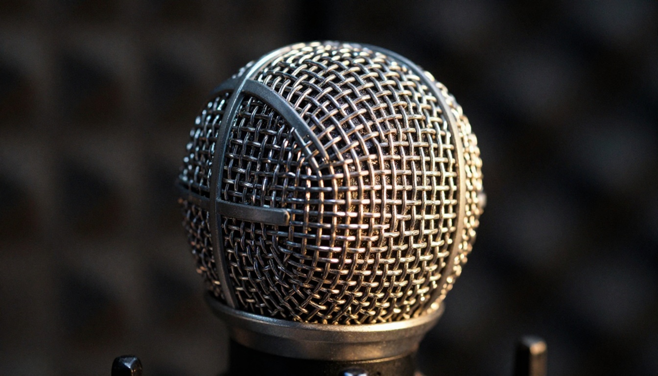 Close-up of a large condenser microphone with detailed mesh grille and pop filter