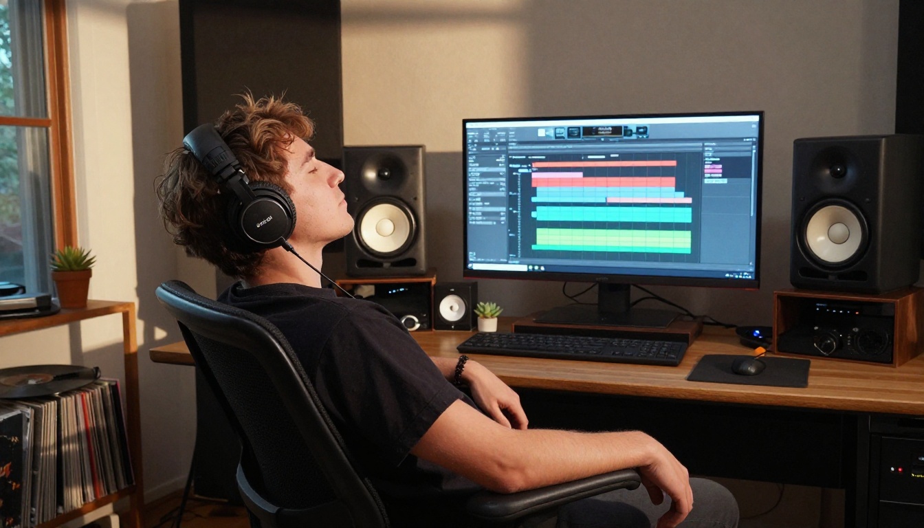 Music producer in home studio leaning back listening through headphones