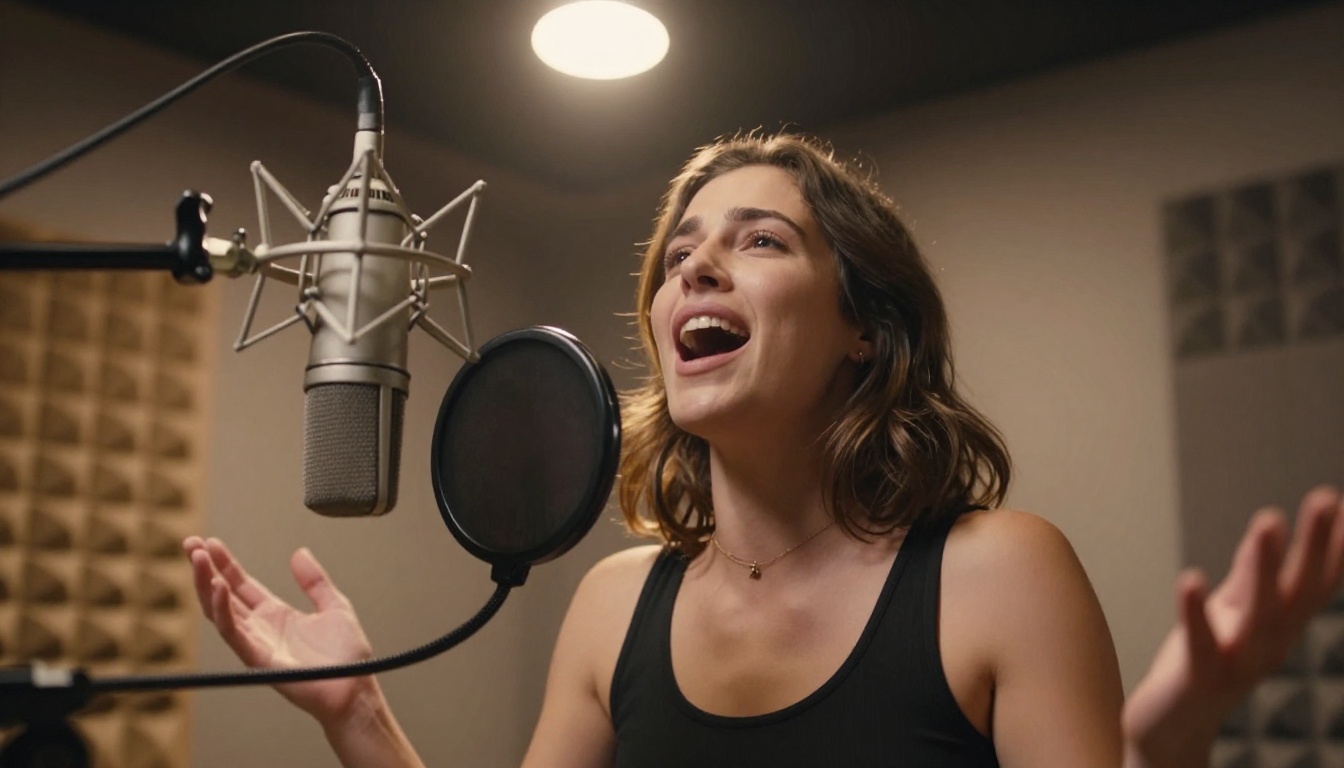 Low-angle shot of a vocalist singing in a vocal booth with warm backlighting Low-angle shot of a vocalist singing in a vocal booth with warm backlighting