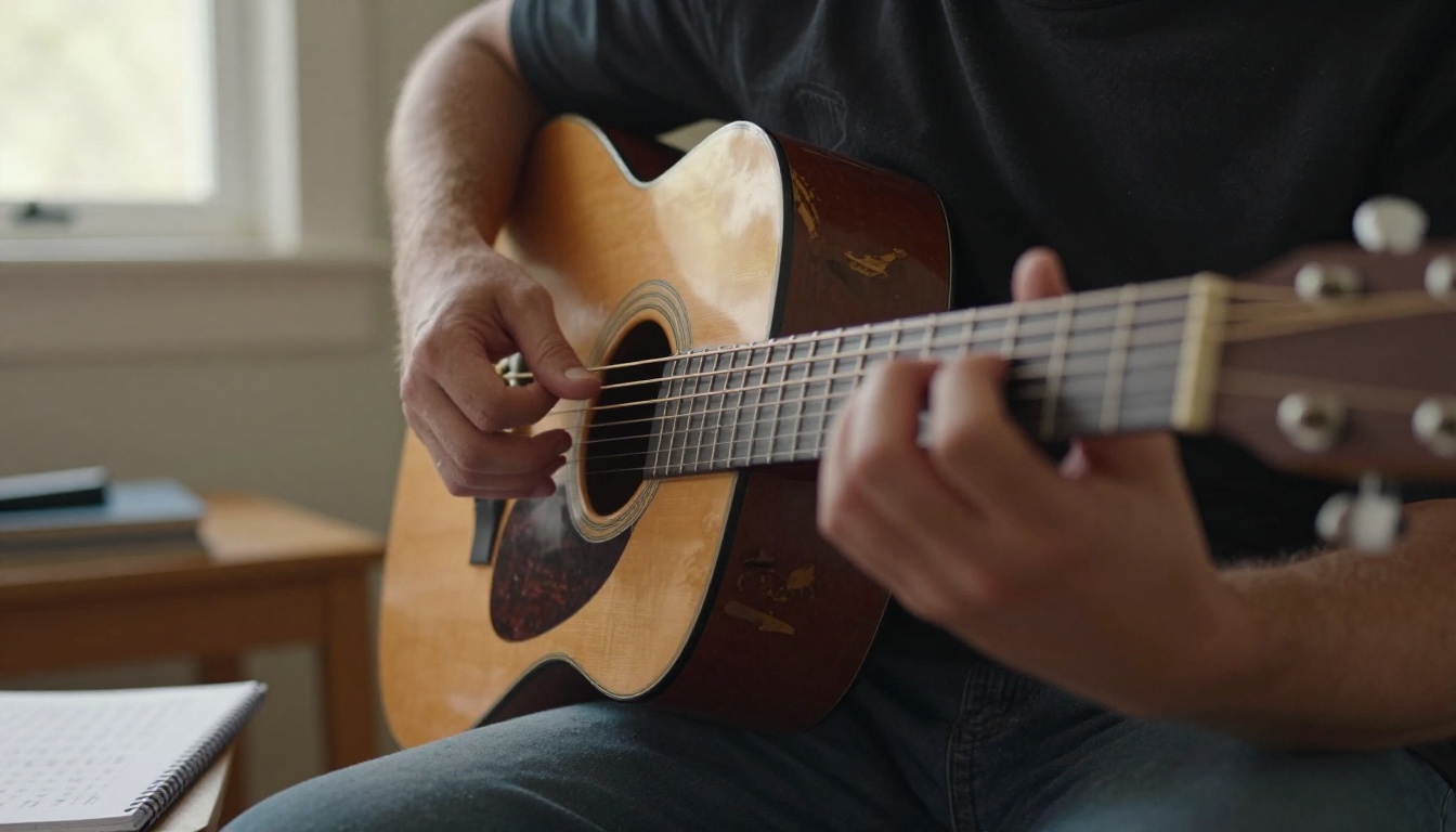 Hands playing acoustic guitar with handwritten chord notes blurred in the background Hands playing acoustic guitar with handwritten chord notes blurred in the background