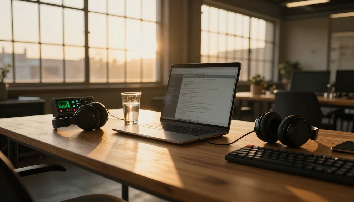 A creative workspace at golden hour with laptop, audio interface and studio headphones A creative workspace at golden hour with laptop, audio interface and studio headphones