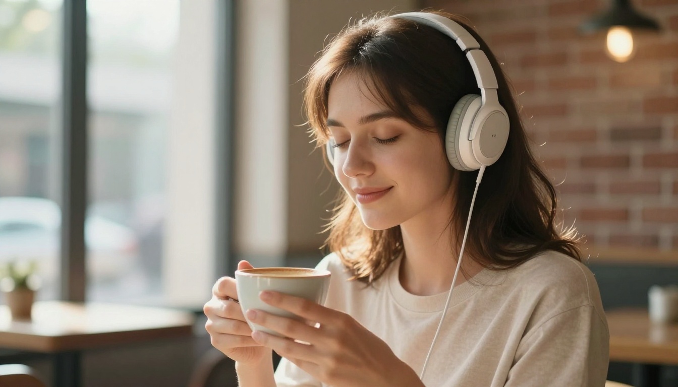 Young woman with headphones around her neck smiling while holding coffee in a bright cafe Young woman with headphones around her neck smiling while holding coffee in a bright cafe