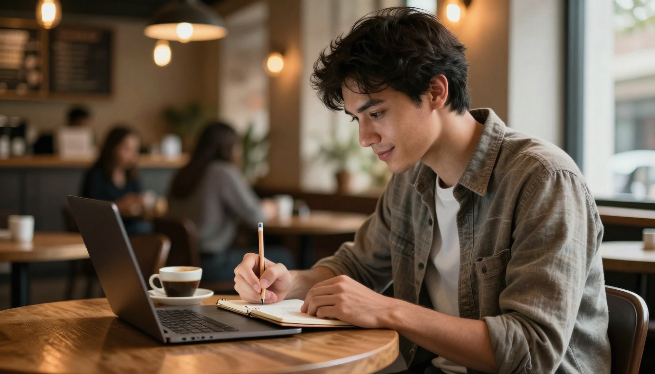 A young man writing prompt notes in a spiral notebook at a warm cafe table