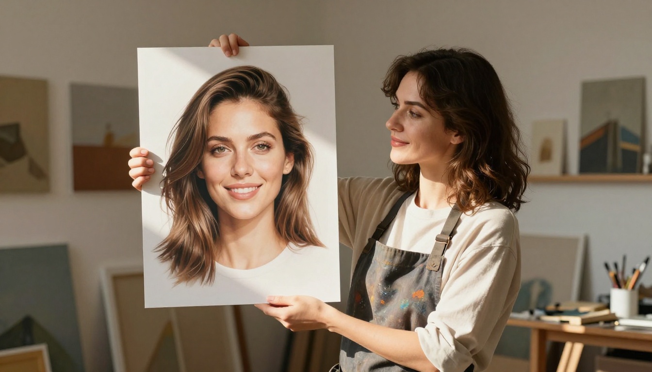 An elegant woman artist holding up a printed AI-generated portrait in a bright sunlit studio