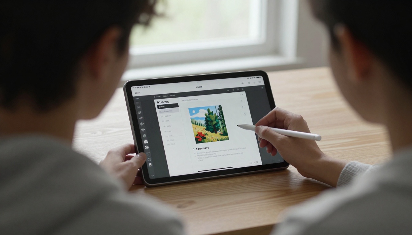 Over-the-shoulder view of a beginner reviewing AI art prompts on a tablet