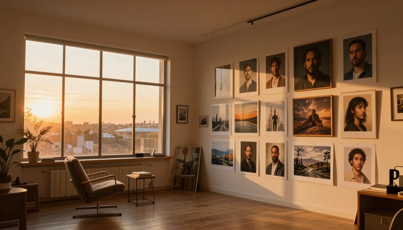 A gallery wall of framed AI-generated artworks bathed in warm golden hour light in a home studio