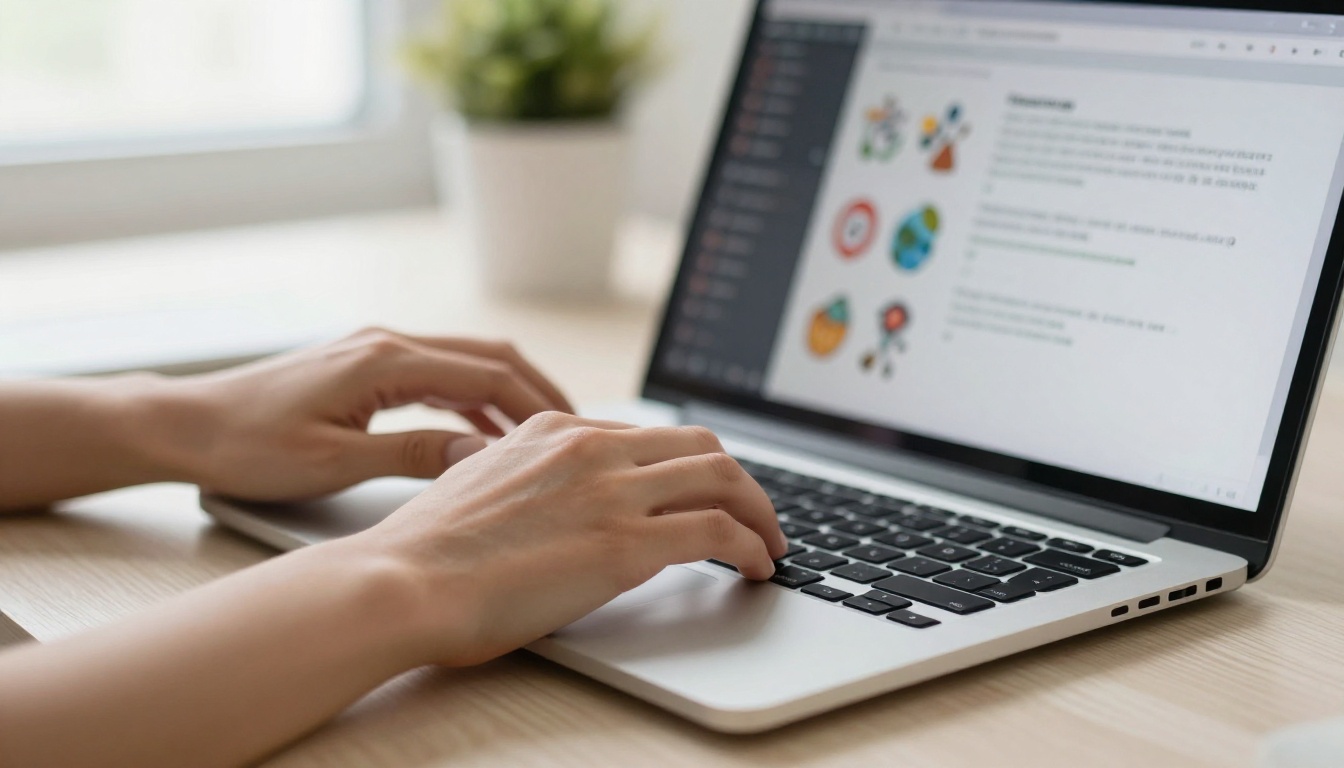 Hands typing on a laptop generating AI sticker designs in a bright minimalist workspace