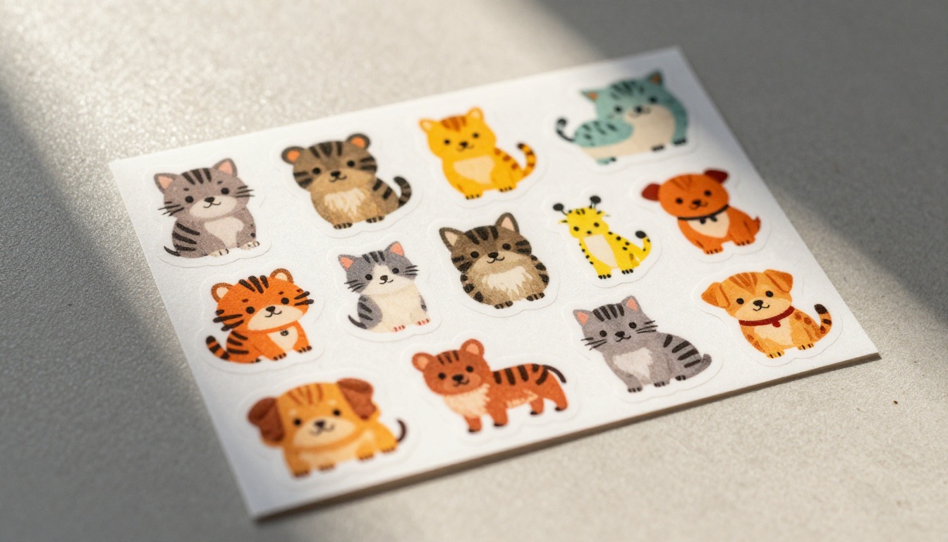 Macro close-up of a custom kiss-cut sticker sheet with cute animal designs on light gray surface