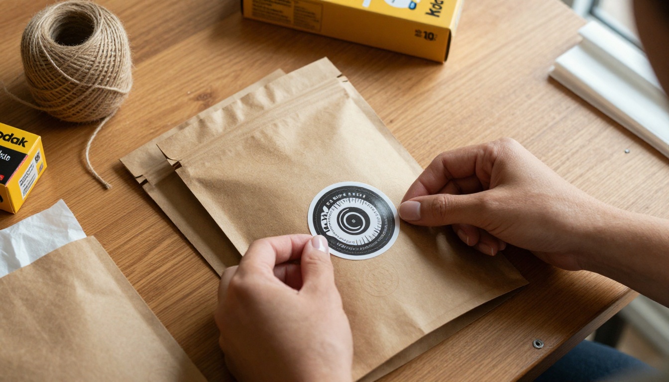Small business owner packaging branded sticker orders on kraft paper bags with custom logo sticker seals