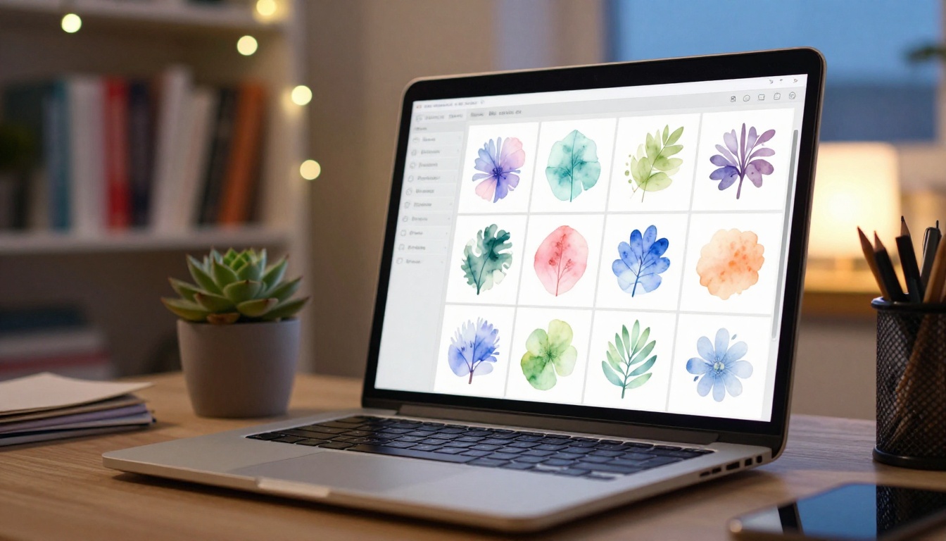 Laptop screen displaying a grid of AI-generated sticker design variations in pastel style