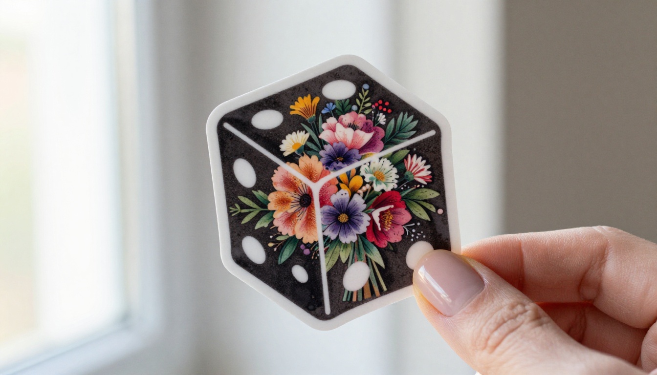 Person holding a die-cut floral sticker against a bright window showing its translucent layers