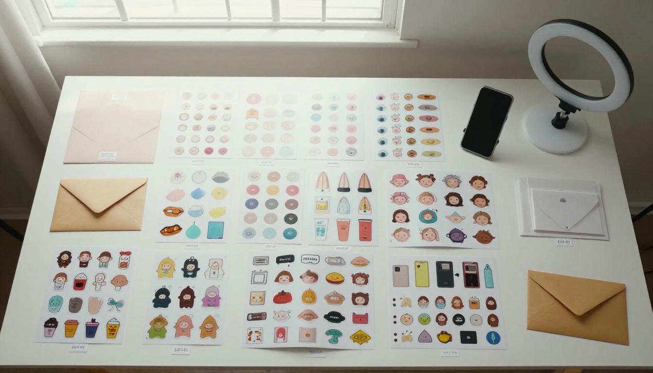 Aerial overhead view of a full Etsy seller workspace with sticker packs, envelopes, and product photography setup