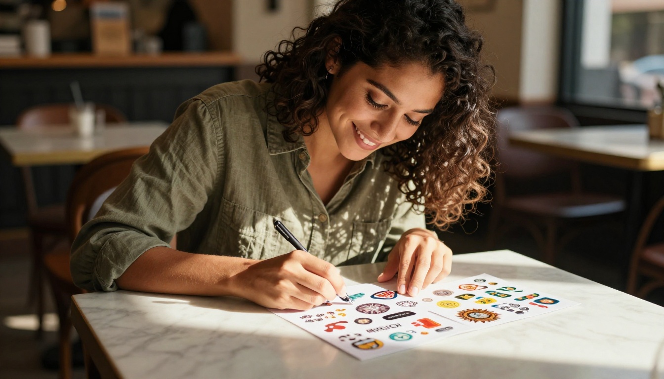 Young woman reviewing printed sticker proofs at a bright marble café table in warm afternoon light