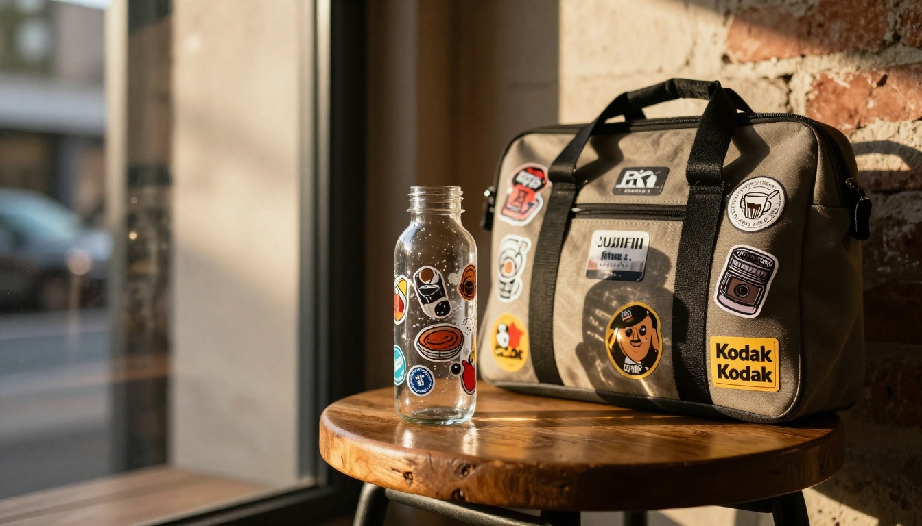Decorated water bottle and laptop bag with custom vinyl stickers in a warm café setting with golden morning light