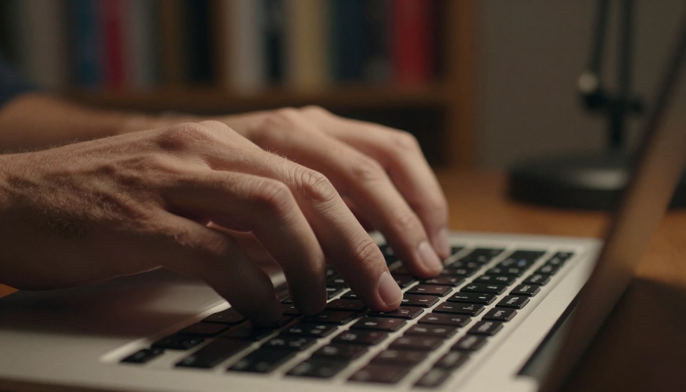 A person hesitating at a laptop, thinking carefully before typing