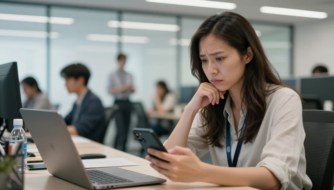 A woman in a modern open-plan office looking concerned at her phone while reviewing an AI chat interface, colleagues blurred behind her
