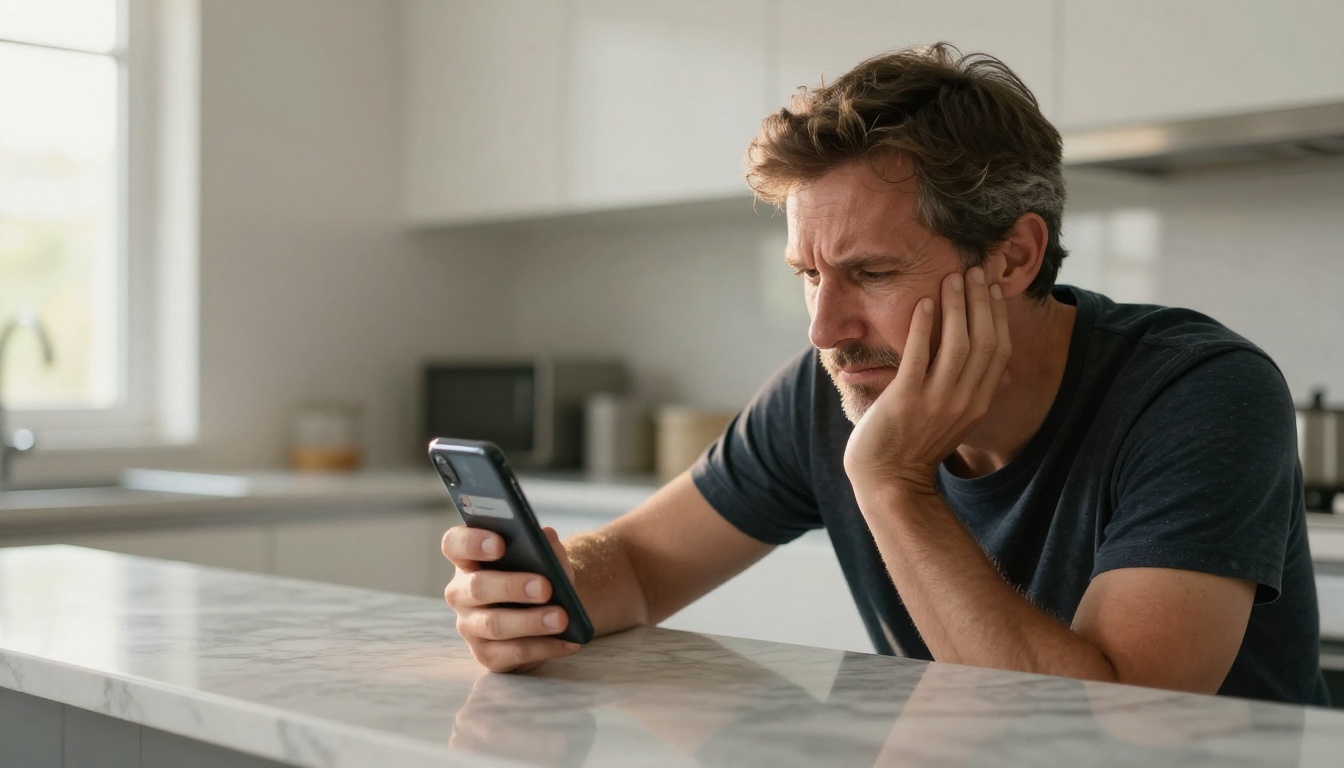 A man in a home kitchen leaning against the counter, holding a smartphone showing an AI interface, looking skeptical