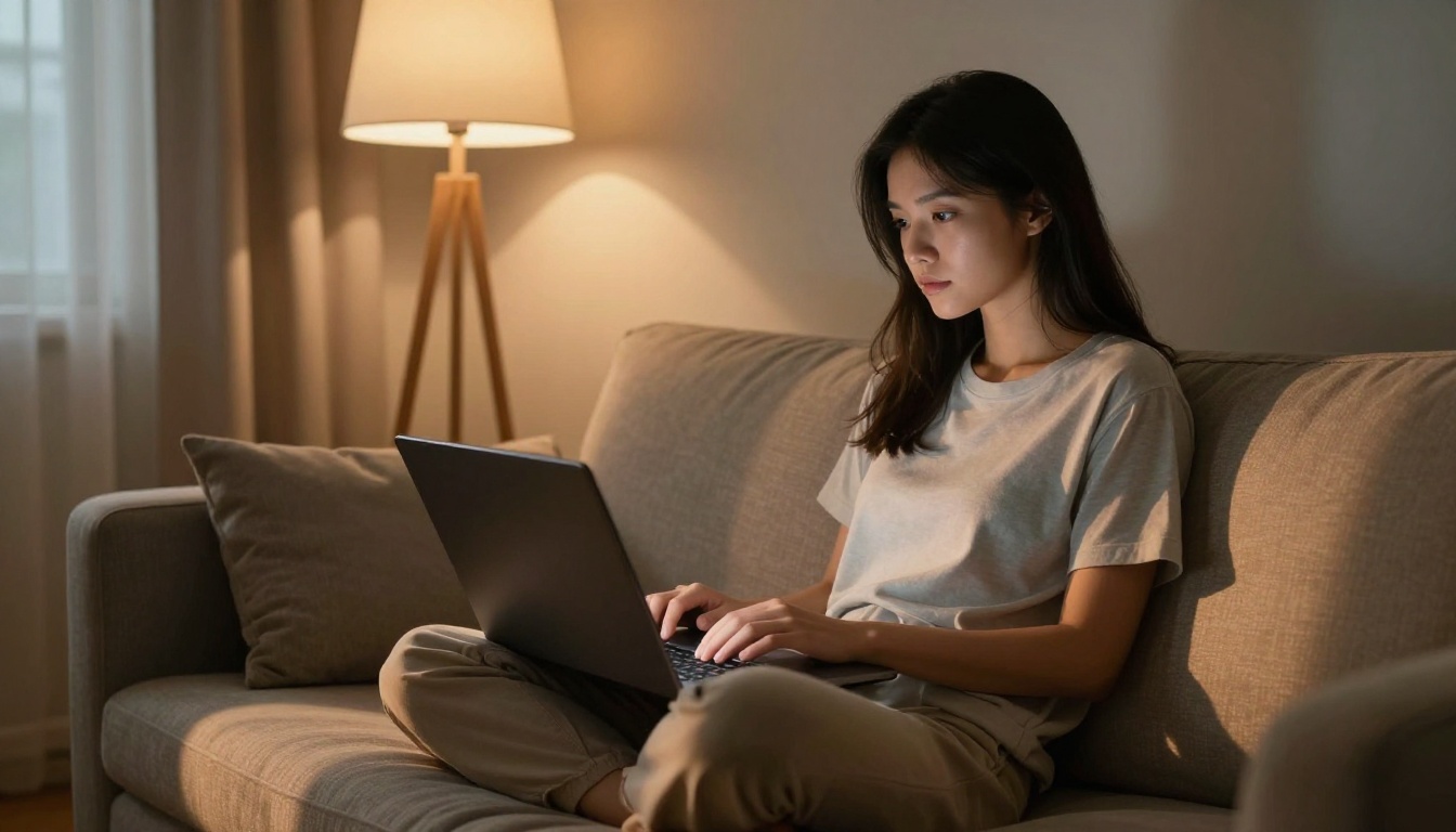A young woman sitting cross-legged on a sofa at night, her face partially lit by a laptop screen, looking pensively out the window A young woman sitting cross-legged on a sofa at night, her face partially lit by a laptop screen, looking pensively out the window