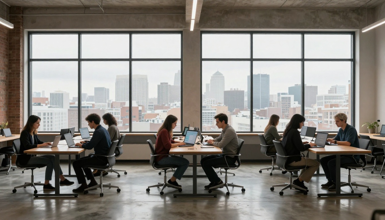 Wide shot of a minimalist co-working space with people seated at long shared tables, an AI chat interface visible on a foreground laptop screen Wide shot of a minimalist co-working space with people seated at long shared tables, an AI chat interface visible on a foreground laptop screen