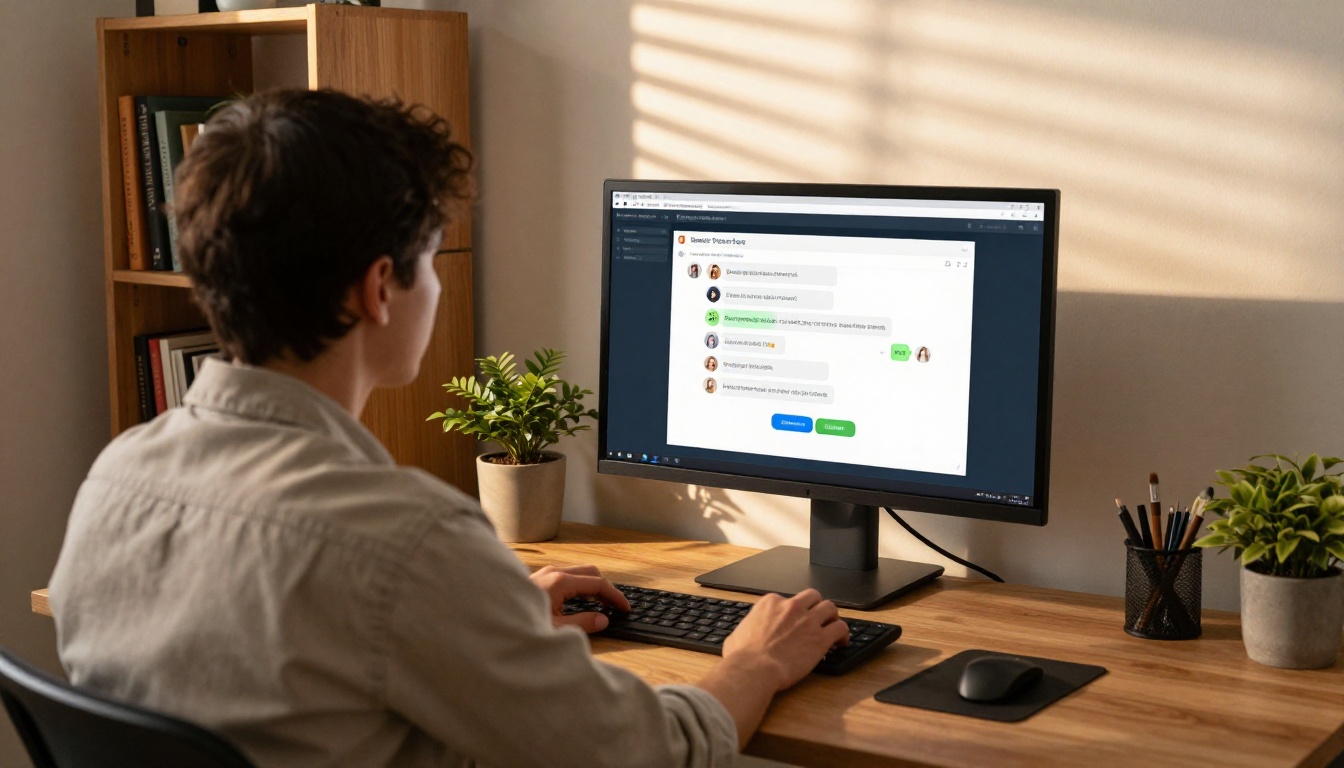 Over-the-shoulder view of a person at a standing desk reviewing content on a large monitor with a clean chat interface Over-the-shoulder view of a person at a standing desk reviewing content on a large monitor with a clean chat interface