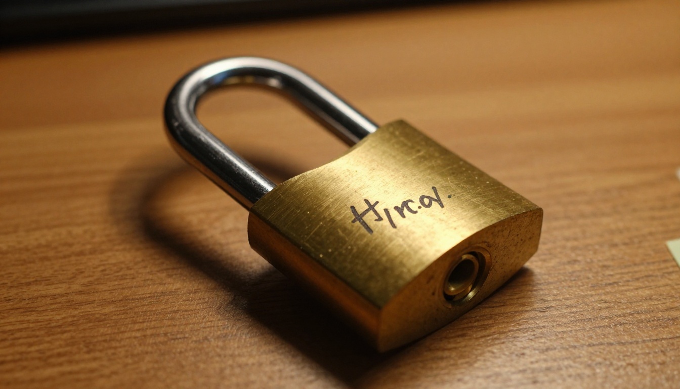 A polished brass padlock resting on a wooden desk beside a keyboard, representing digital security and credential protection