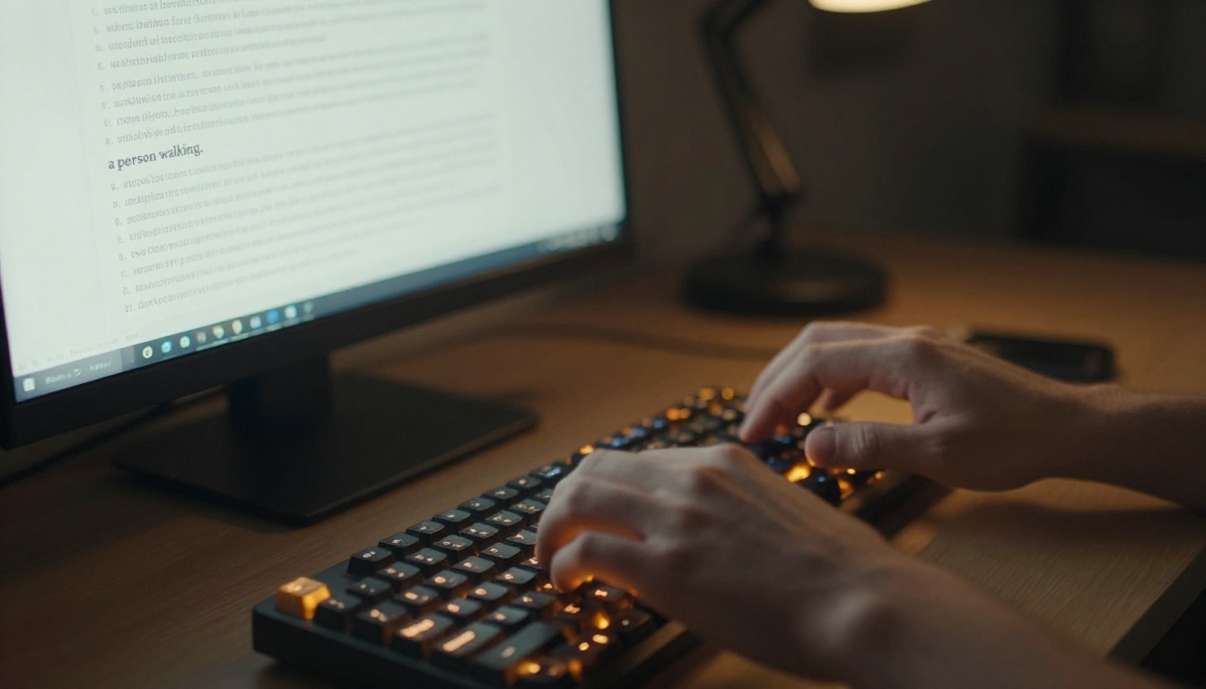 Person typing a short vague prompt on a mechanical keyboard at night