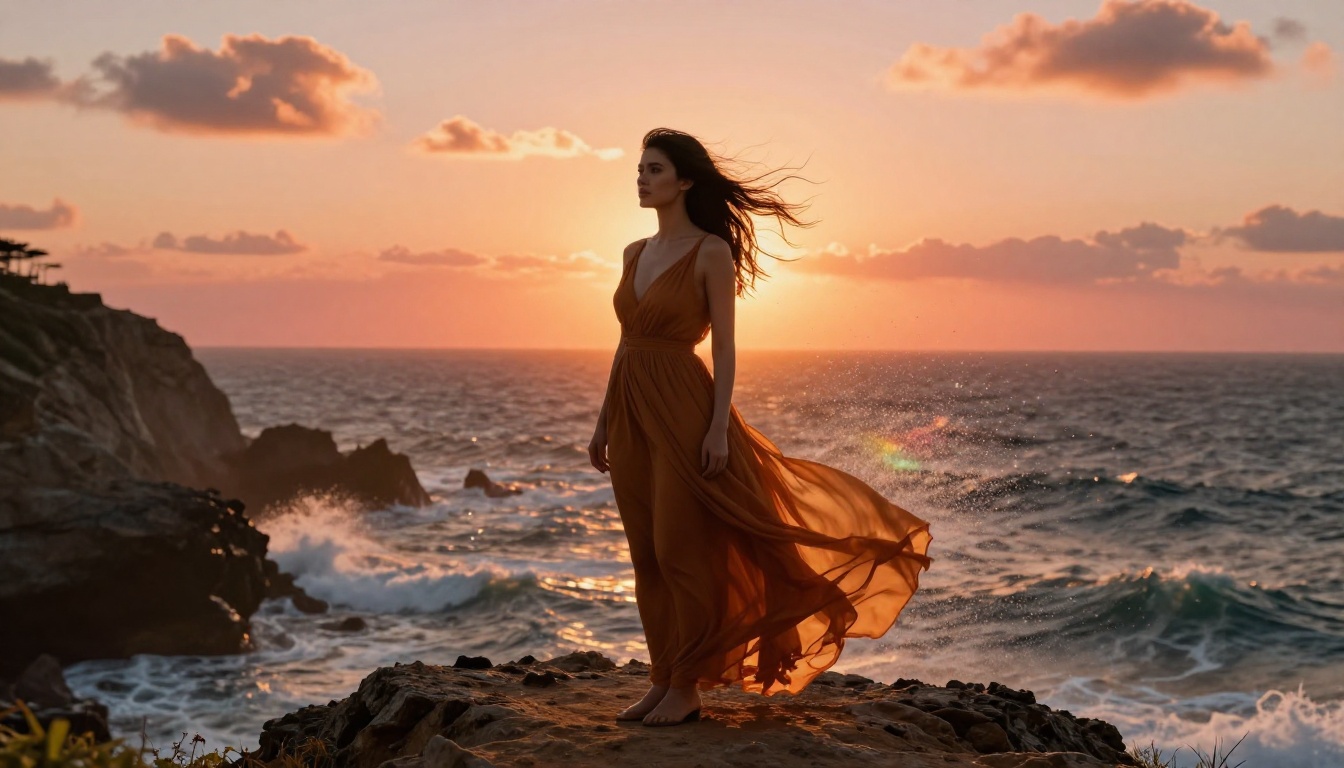 Cinematic woman in amber dress on coastal cliff with dynamic ocean light