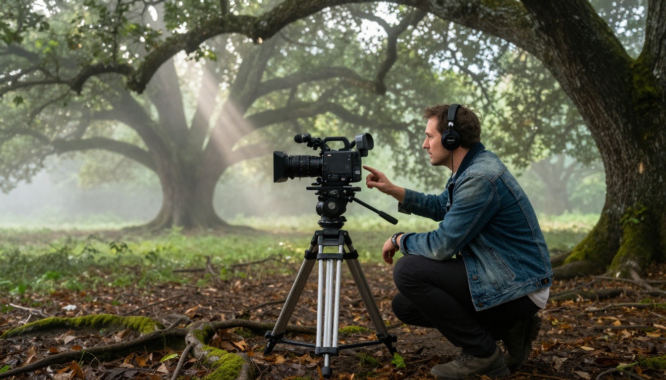 Director crouching beside cinema camera in misty forest with volumetric morning light