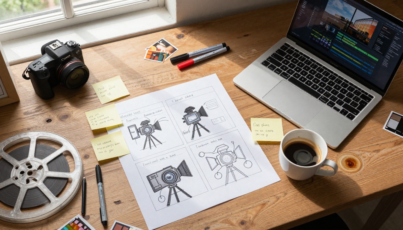Overhead flat lay of creative workspace with storyboard prompts and planning notes