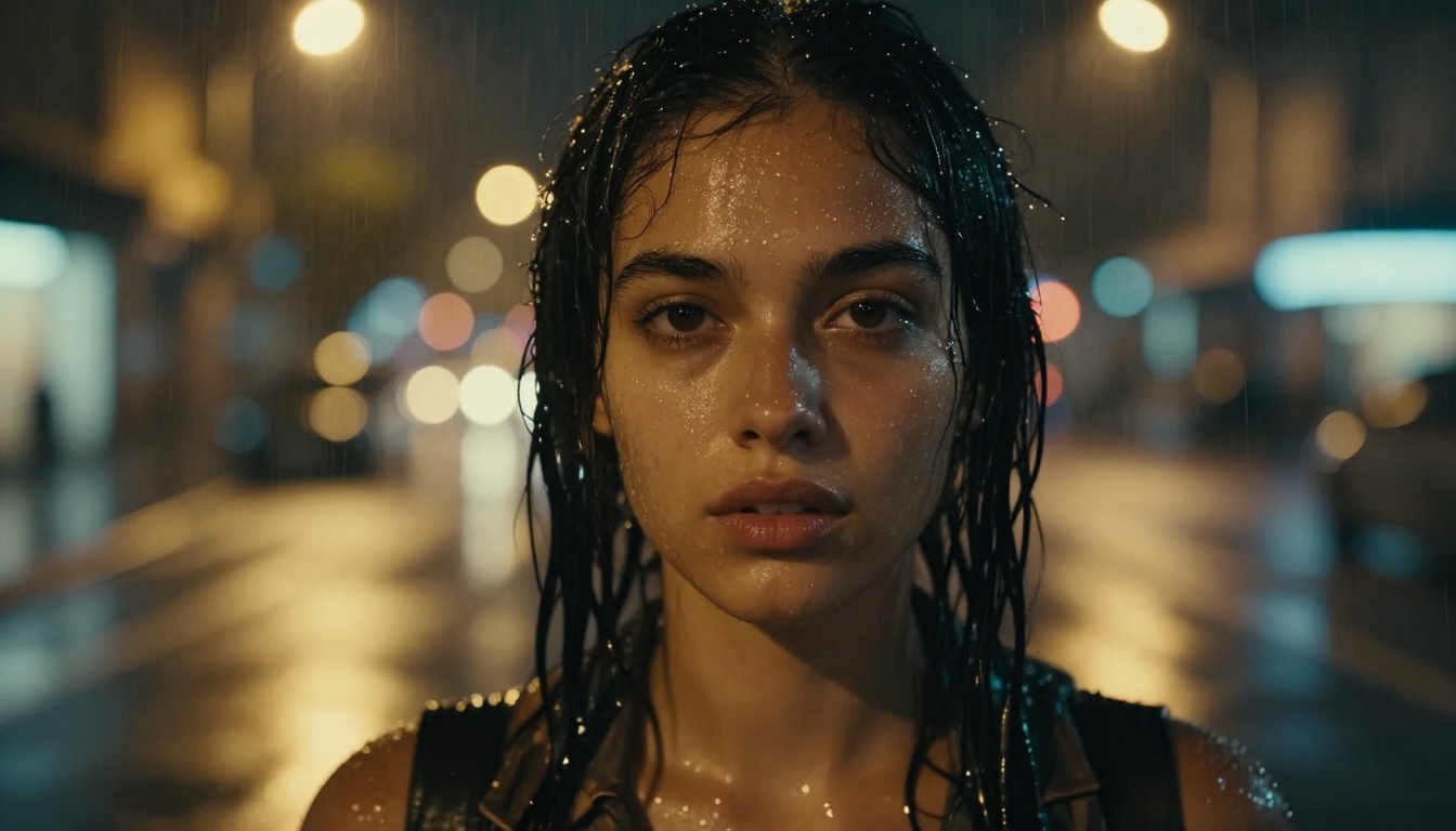 Cinematic close-up portrait of woman in rain at night with intense emotional expression