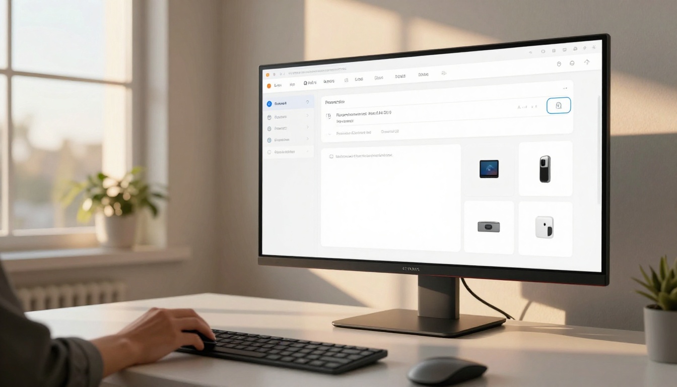 Wide shot of AI model selection interface on a professional curved monitor in a design studio