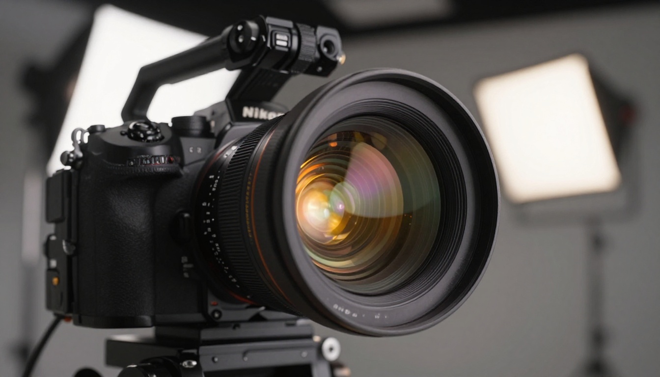 Close-up of cinema camera lens from below with beautiful studio lighting reflections