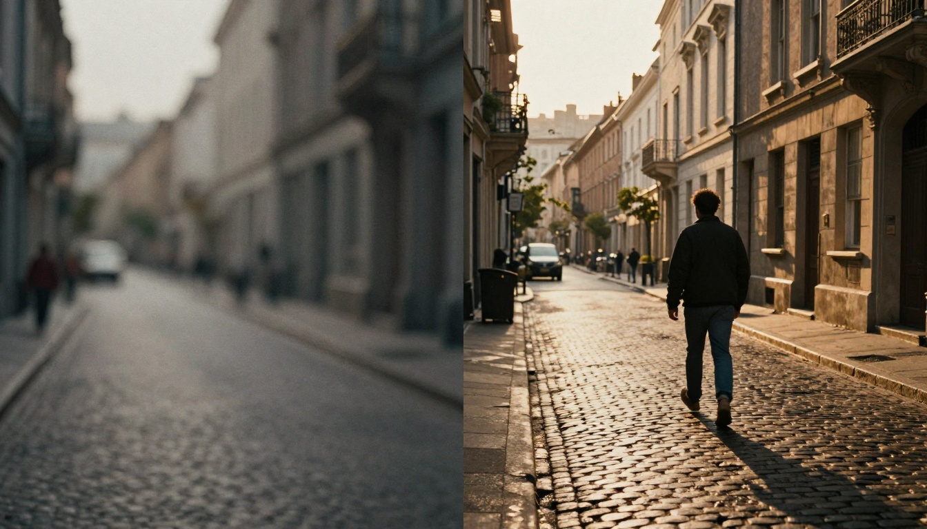 Before and after comparison: flat generic AI street scene vs cinematic golden hour street scene
