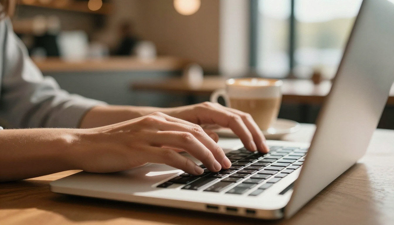Hands typing at a laptop in a sunlit cafe with a latte nearby