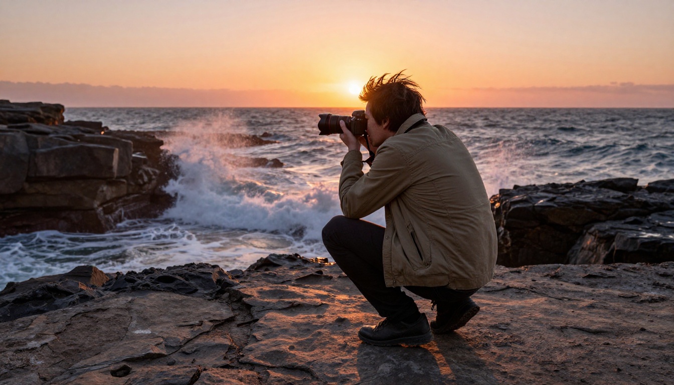 A photographer crouching on a rocky coastal cliff at golden hour, camera to eye