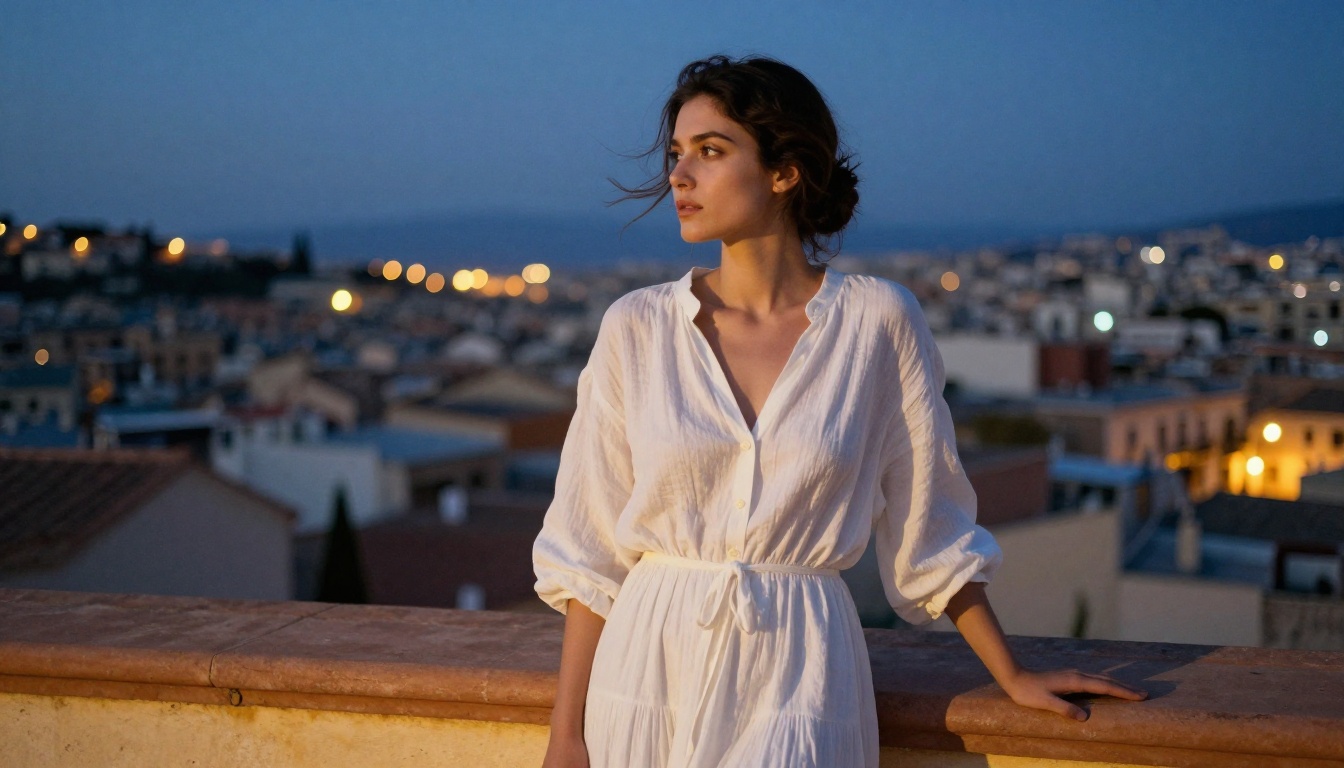 Woman in white linen dress on a Mediterranean rooftop terrace at blue hour dusk