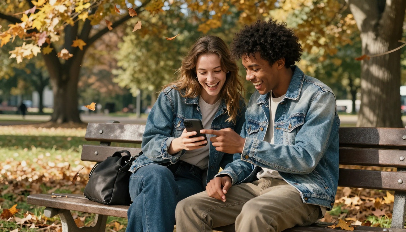 Two friends laughing together on a sunlit park bench, sharing a phone screen
