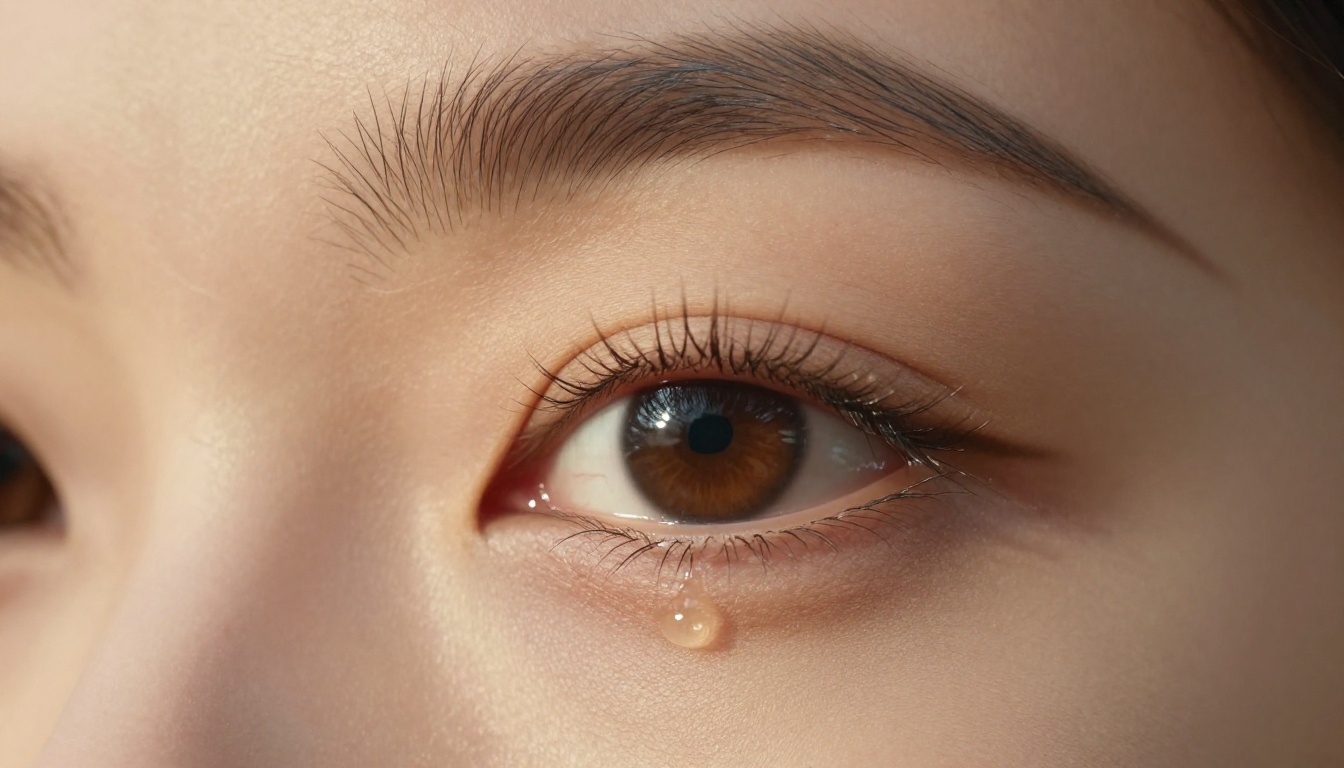 Extreme close-up of a woman's eye and cheekbone, single tear, sidelight