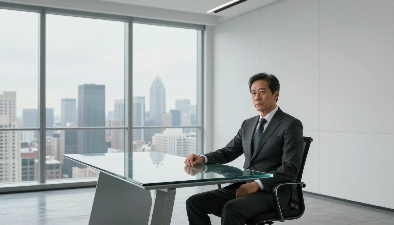Man in charcoal suit in a minimalist boardroom, city skyline through floor-to-ceiling windows