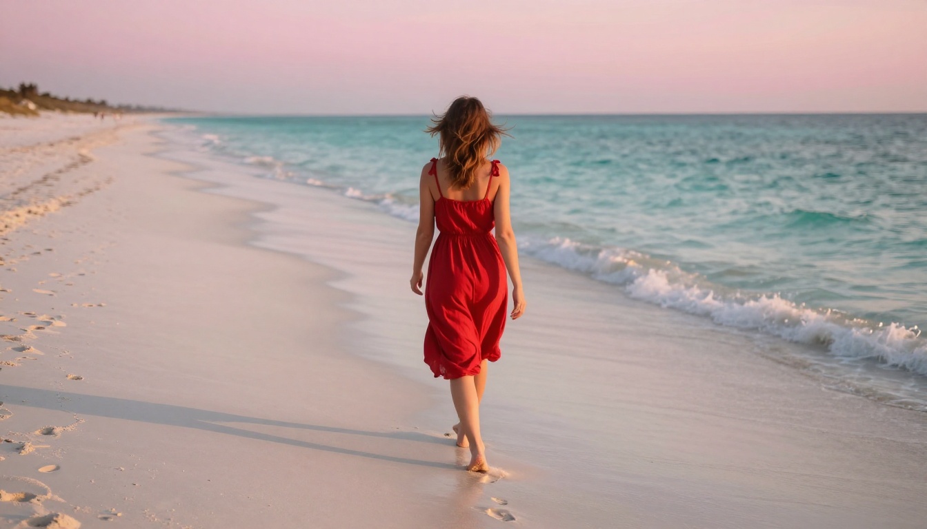 Woman in red dress walking on a white sand beach at early morning, footprints trailing behind