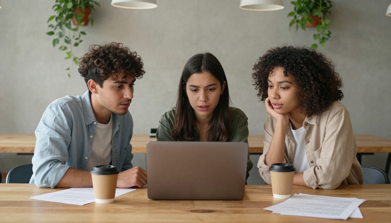 Three creatives collaborating around a laptop in a warm co-working space